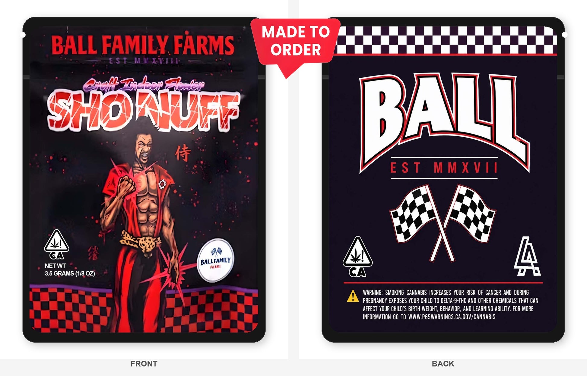 Shonuff 3.5g Mylar Bags Ball Family Farms - Front and Back View