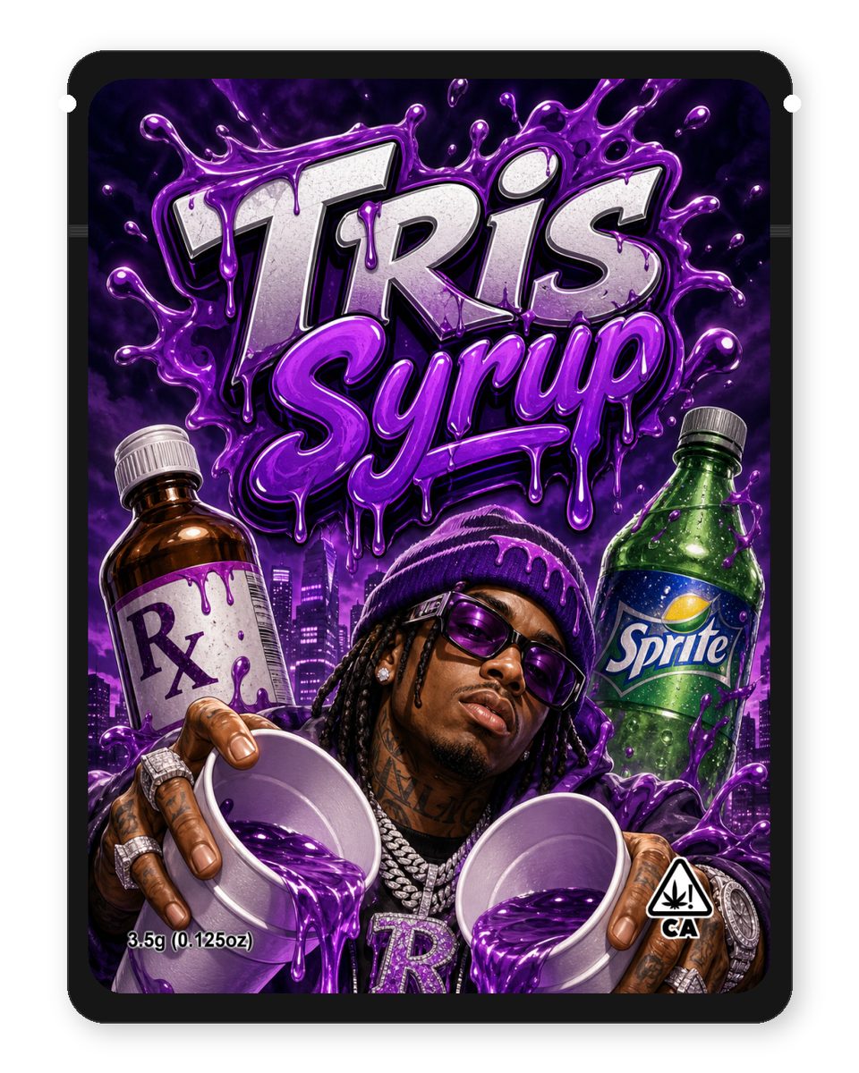 Tris Syrup custom 4"x5" mylar bag design (front)