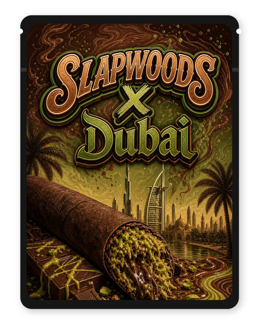 SLAPWOODS X Dubai custom 4"x5" mylar bag design (front)