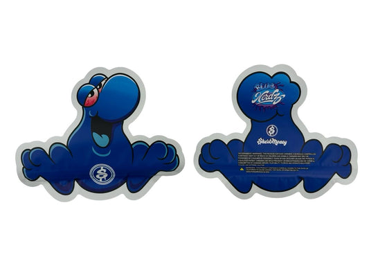 Blue Nerdz 3.5g mylar bags two-bag lineup — die-cut cartoon character silhouette, SherbMoney brand