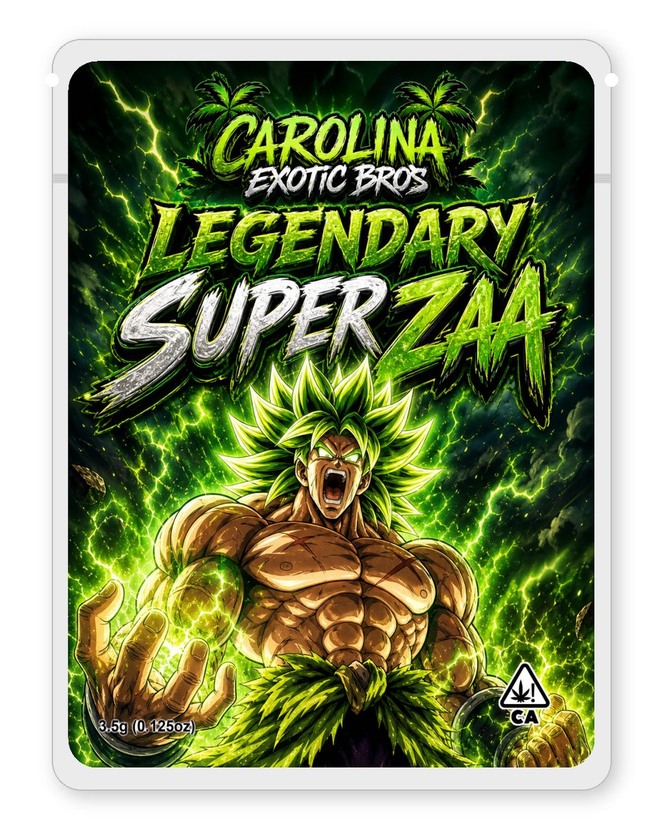 Legendary Super Zaa custom 4"x5" mylar bag design (front)