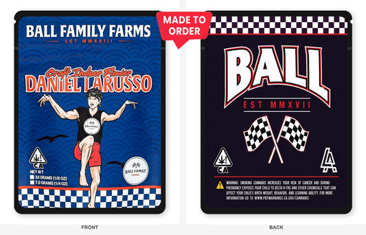 Daniel Larusso 3.5g Mylar Bags Ball Family Farms - Front and Back View