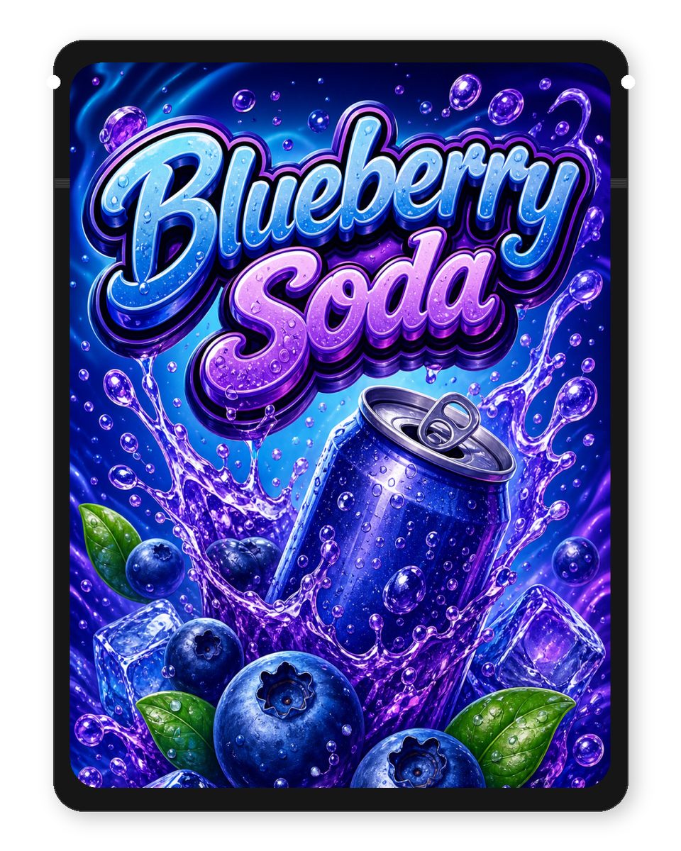 Blueberry Soda custom 4"x5" mylar bag design (front)