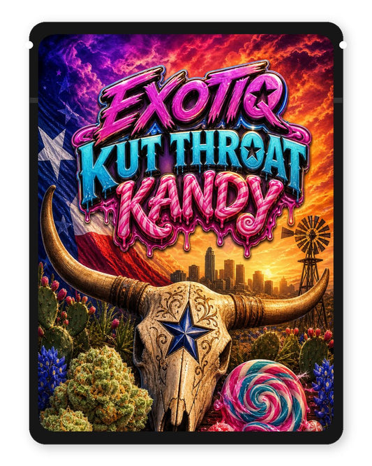 EXOTIQ KUT THROAT KANDY custom 4"x5" mylar bag design (front)