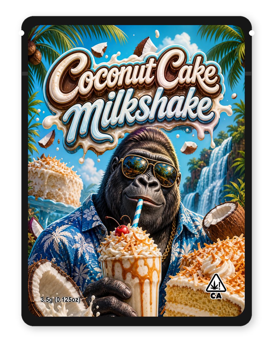 Coconut Cake milkshake custom 4"x5" mylar bag design (front)