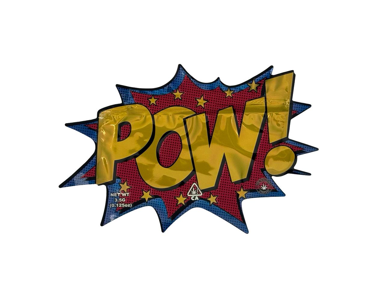 POW 3.5g mylar bag front design — gold metallic foil POW! lettering on red halftone starburst with blue burst border