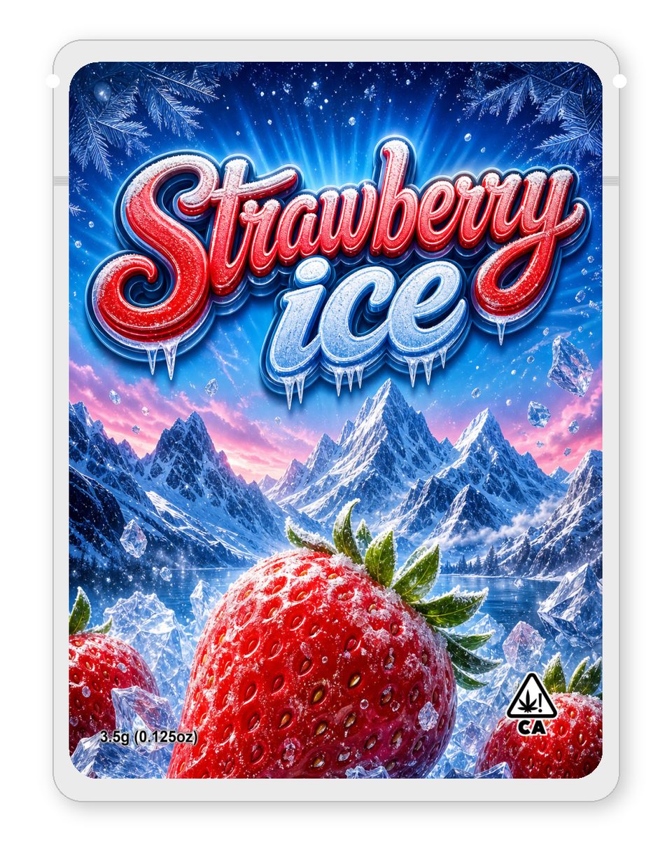 Strawberry ice custom 4"x5" mylar bag design (front)
