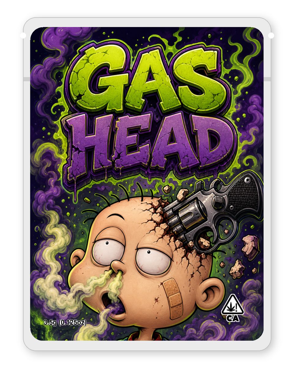 Gas Head custom 4"x5" mylar bag design (front)