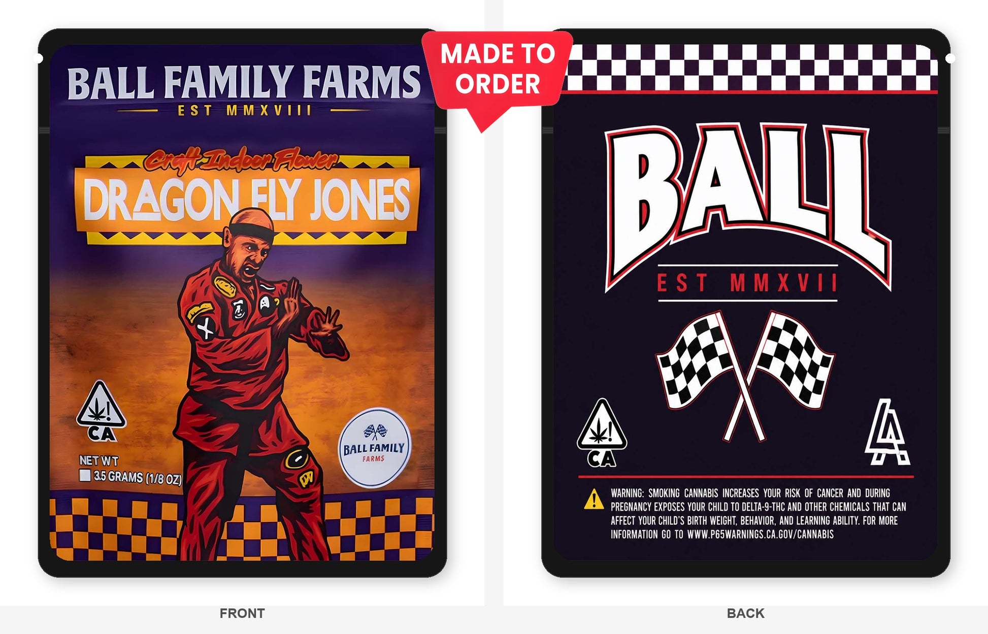Dragon Fly Jones 3.5g Mylar Bags Ball Family Farms - Front and Back View