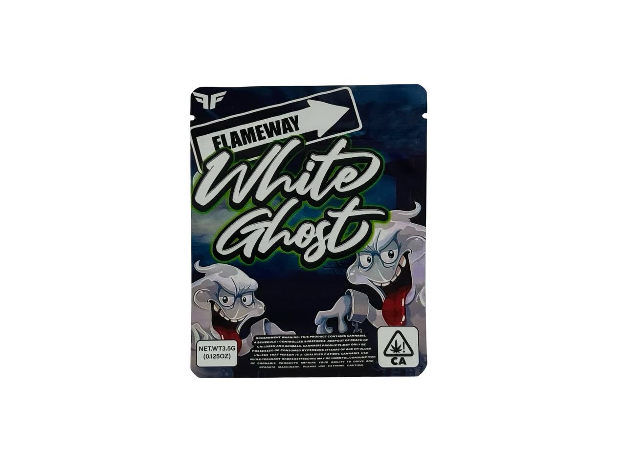 White Ghost 3.5g mylar bag front — navy gradient, white brush-script logo with green neon glow, ghost characters, Flameway street-sign branding