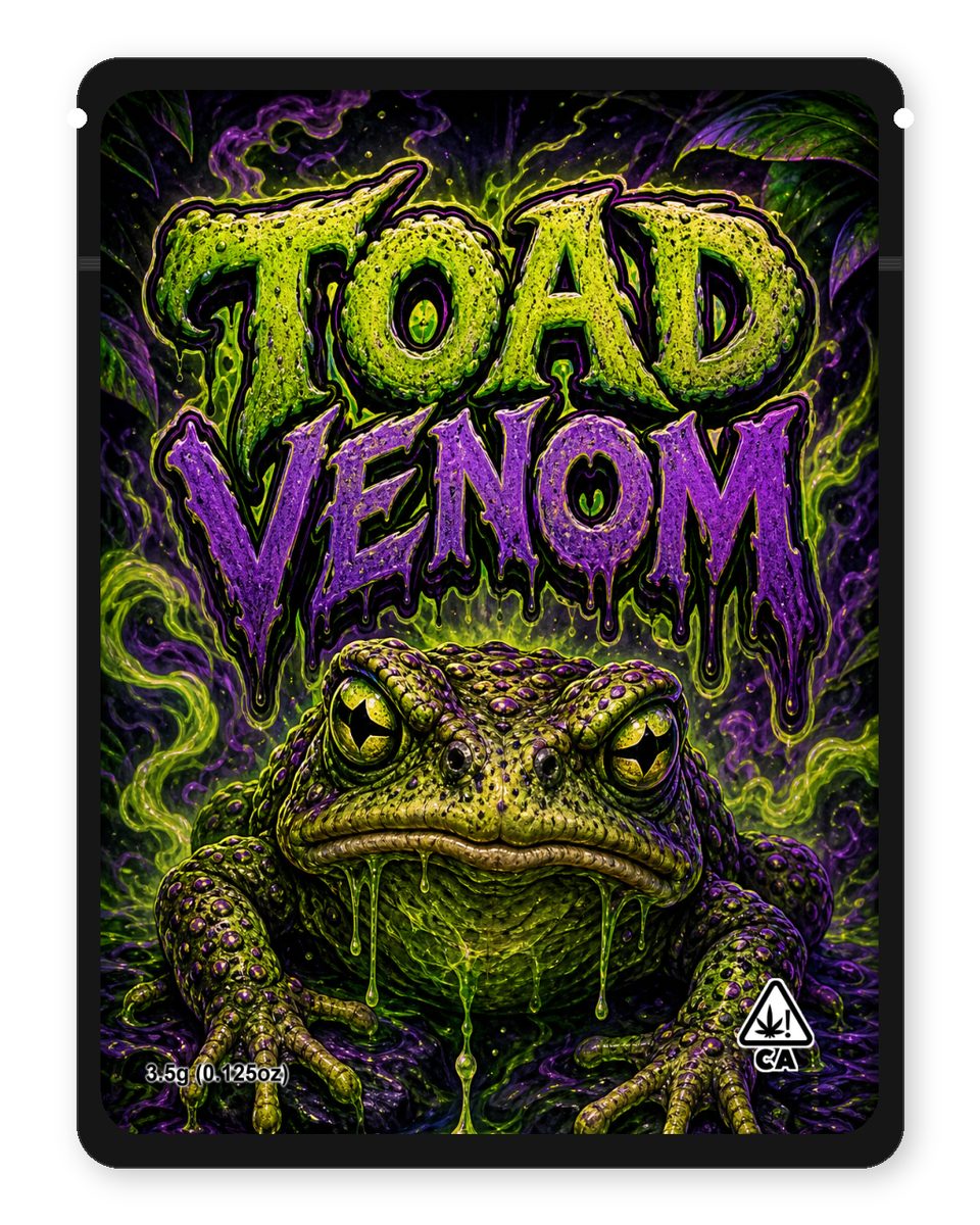 Toad Venom custom 4"x5" mylar bag design (front)