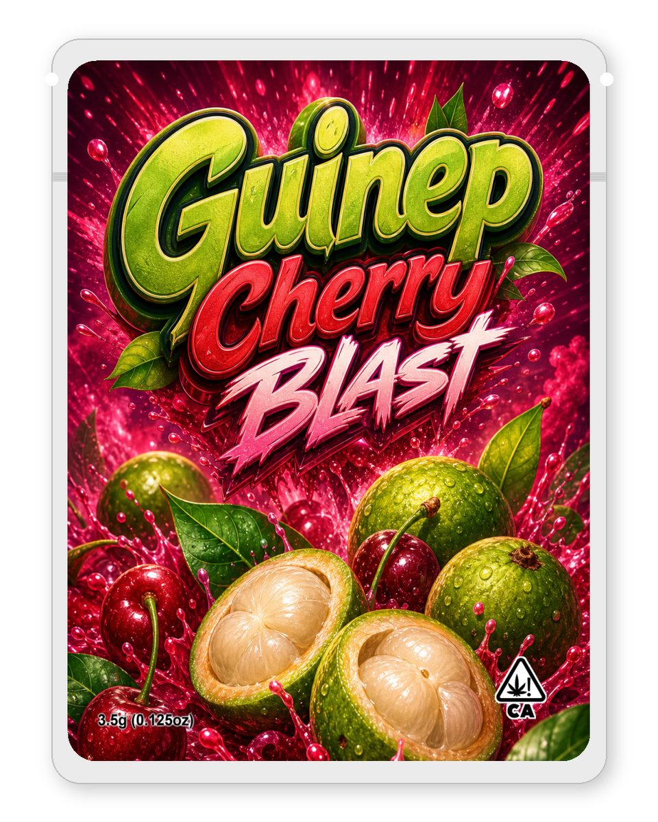 Guinep Cherry Blast custom 4"x5" mylar bag design (front)