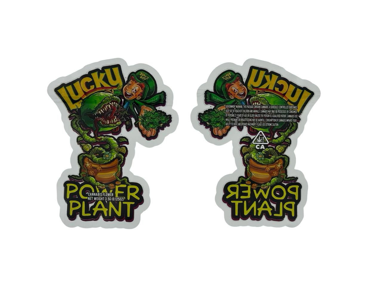 Lucky Power Plant 3.5g mylar bags die-cut leprechaun with Venus flytrap plant, front and back views — Joke's Up cannabis packaging