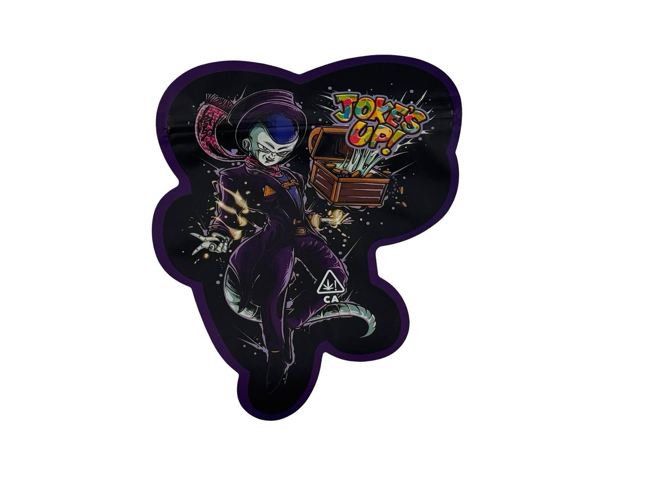Purple Rizz 3.5g mylar bag front — die-cut purple alien villain figure with treasure chest, Joke's Up brand
