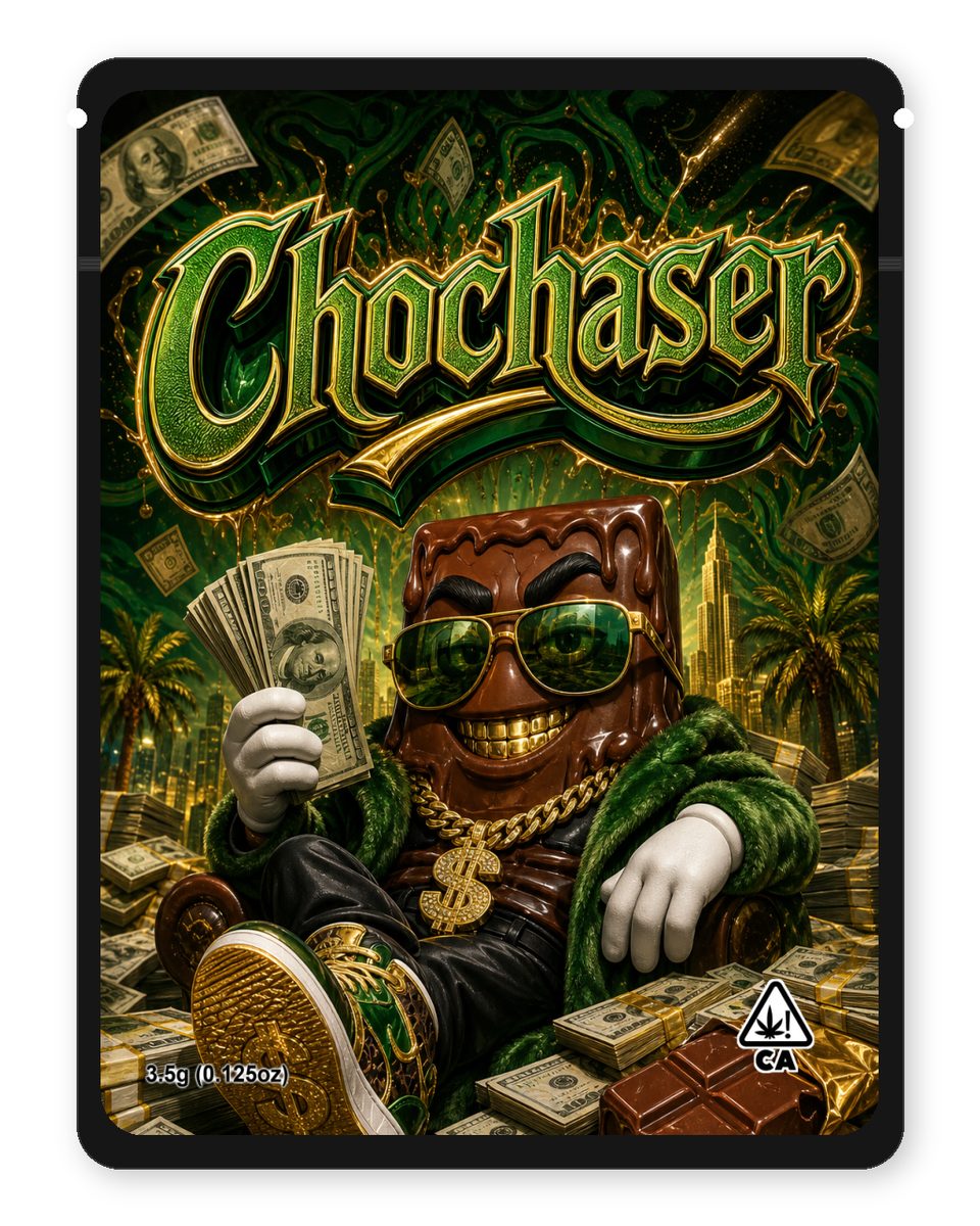 Chochaser custom 4"x5" mylar bag design (front)