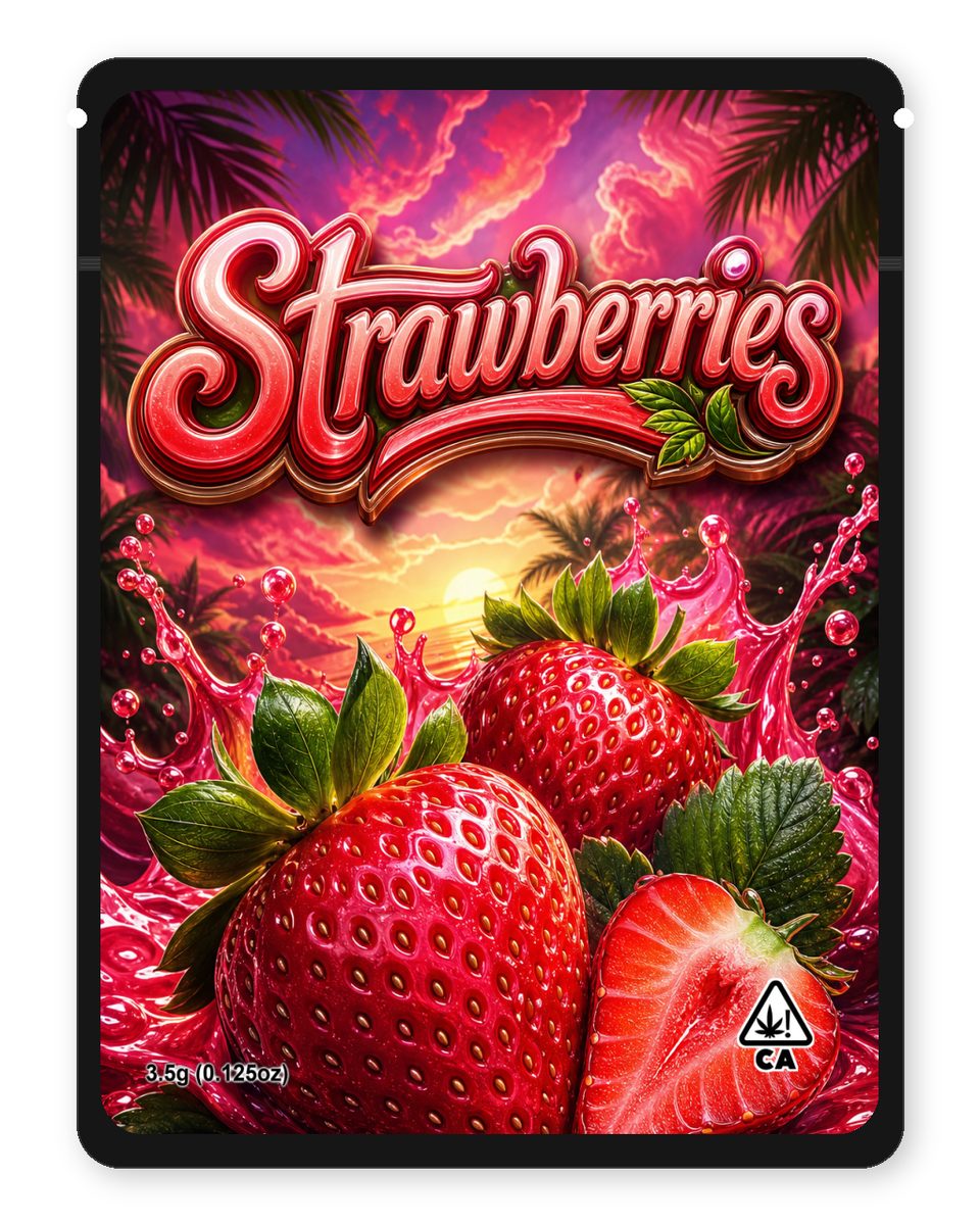 Strawberries custom 4"x5" mylar bag design (front)