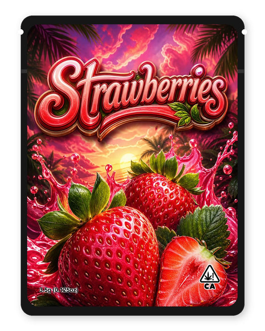 Strawberries custom 4"x5" mylar bag design (front)