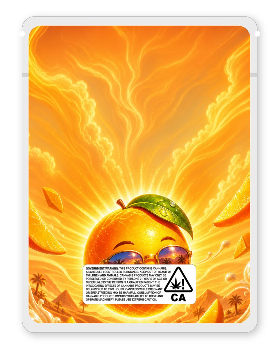 Mango Mirage Bites custom 4"x5" mylar bag design (back)