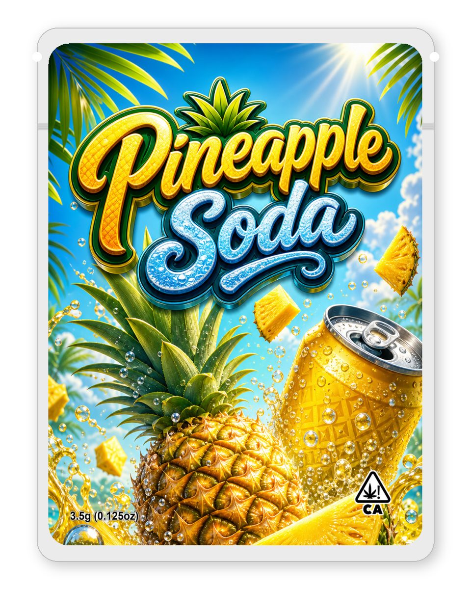 Pineapple Soda custom 4"x5" mylar bag design (front)