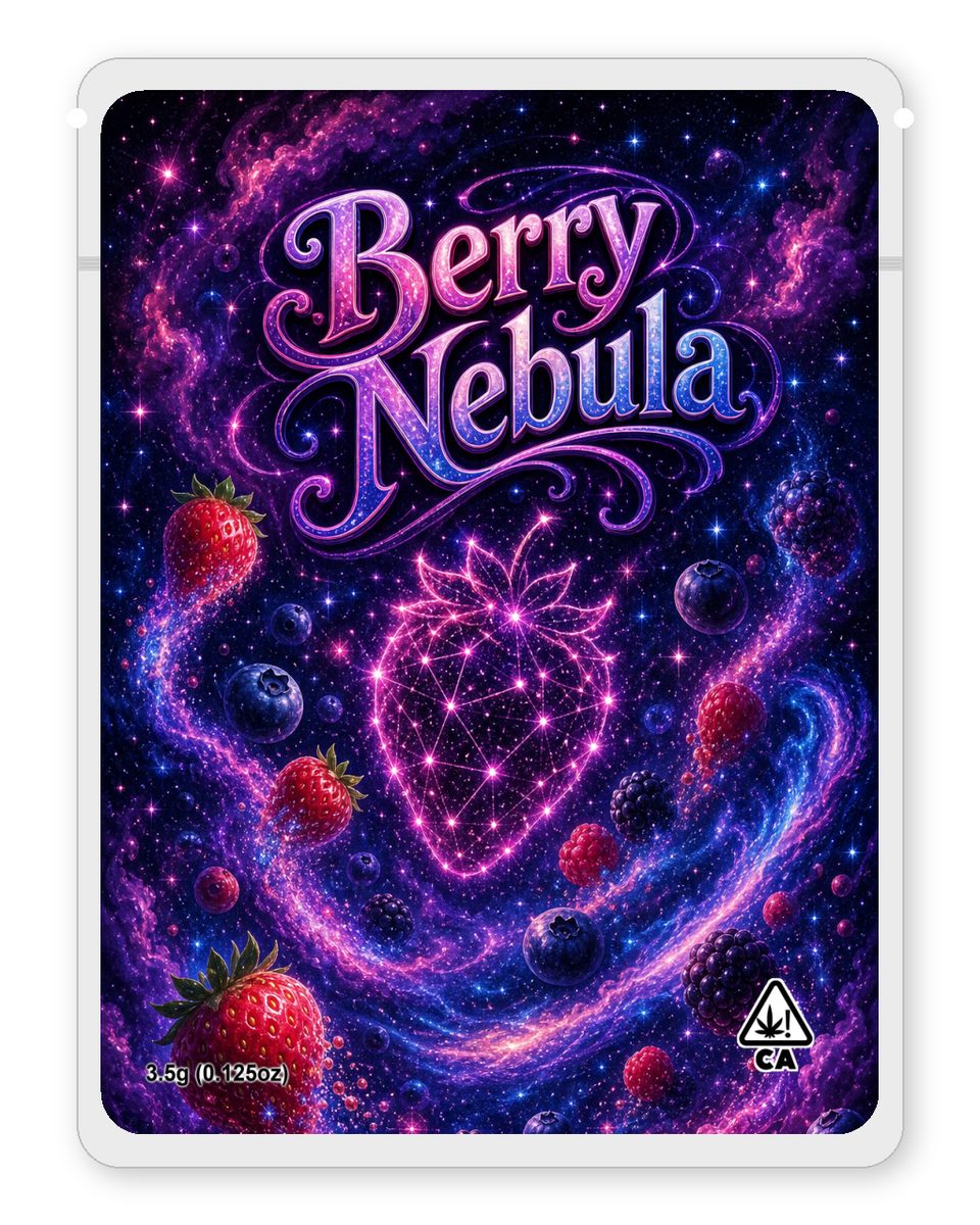 Berry Nebula custom 4"x5" mylar bag design (front)