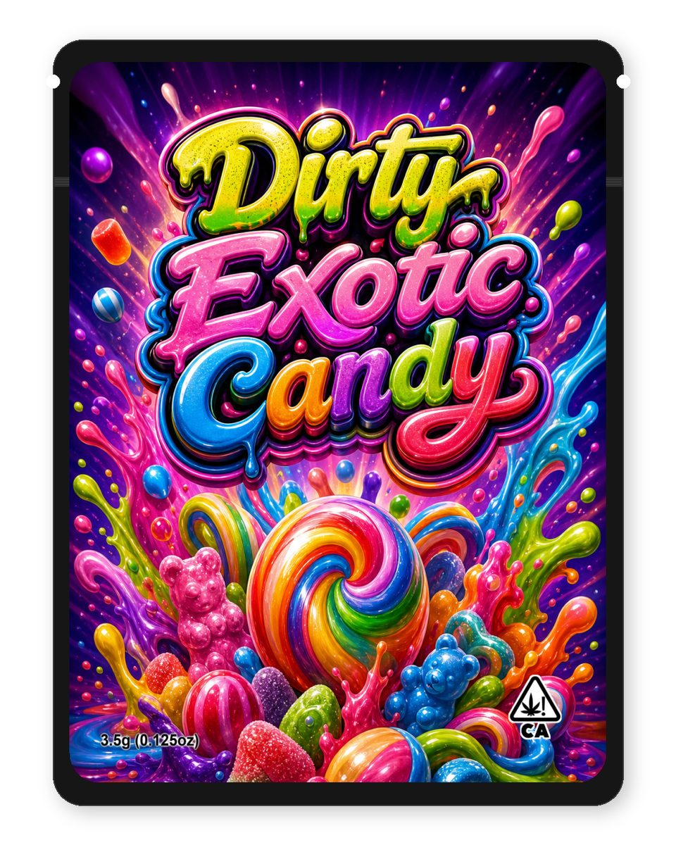 Dirty Exotic Candy custom 4"x5" mylar bag design (front)