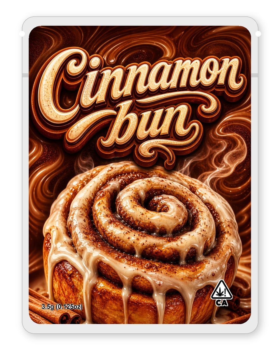 Cinnamon bun custom 4"x5" mylar bag design (front)