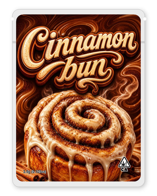 Cinnamon bun custom 4"x5" mylar bag design (front)