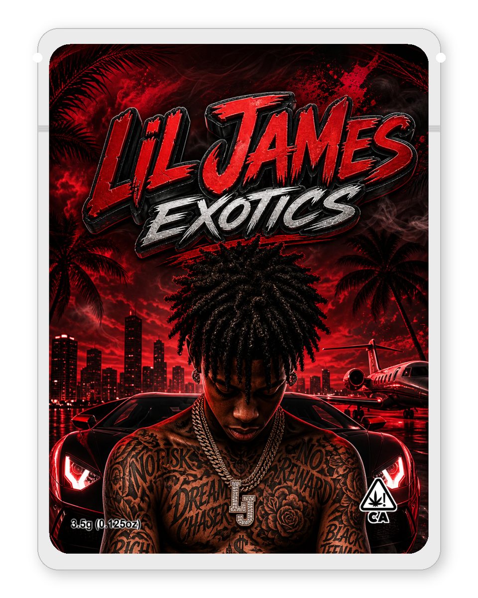LIL JAMES EXOTICS custom 4"x5" mylar bag design (front)