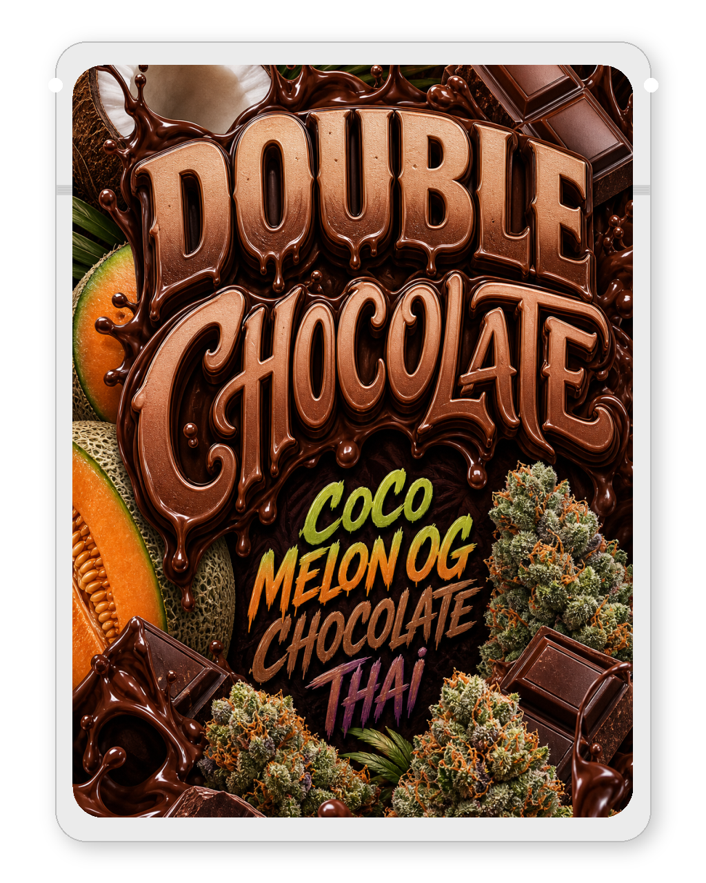 Double Chocolate custom mylar bag — front (white bag)