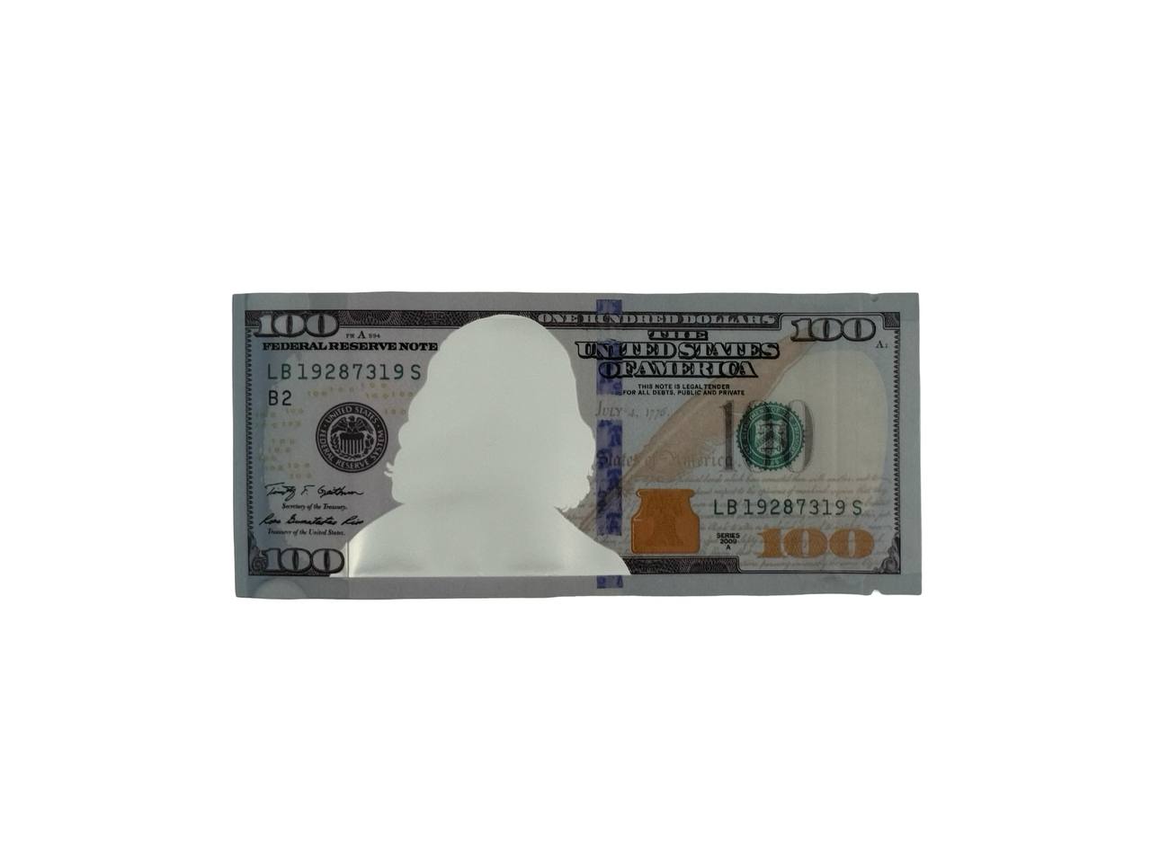 Hundred Dollar Bill 3.5g mylar bag front — blue and gold US $100 Federal Reserve Note print with die-cut Benjamin Franklin viewing window, 3D security ribbon and gold inkwell