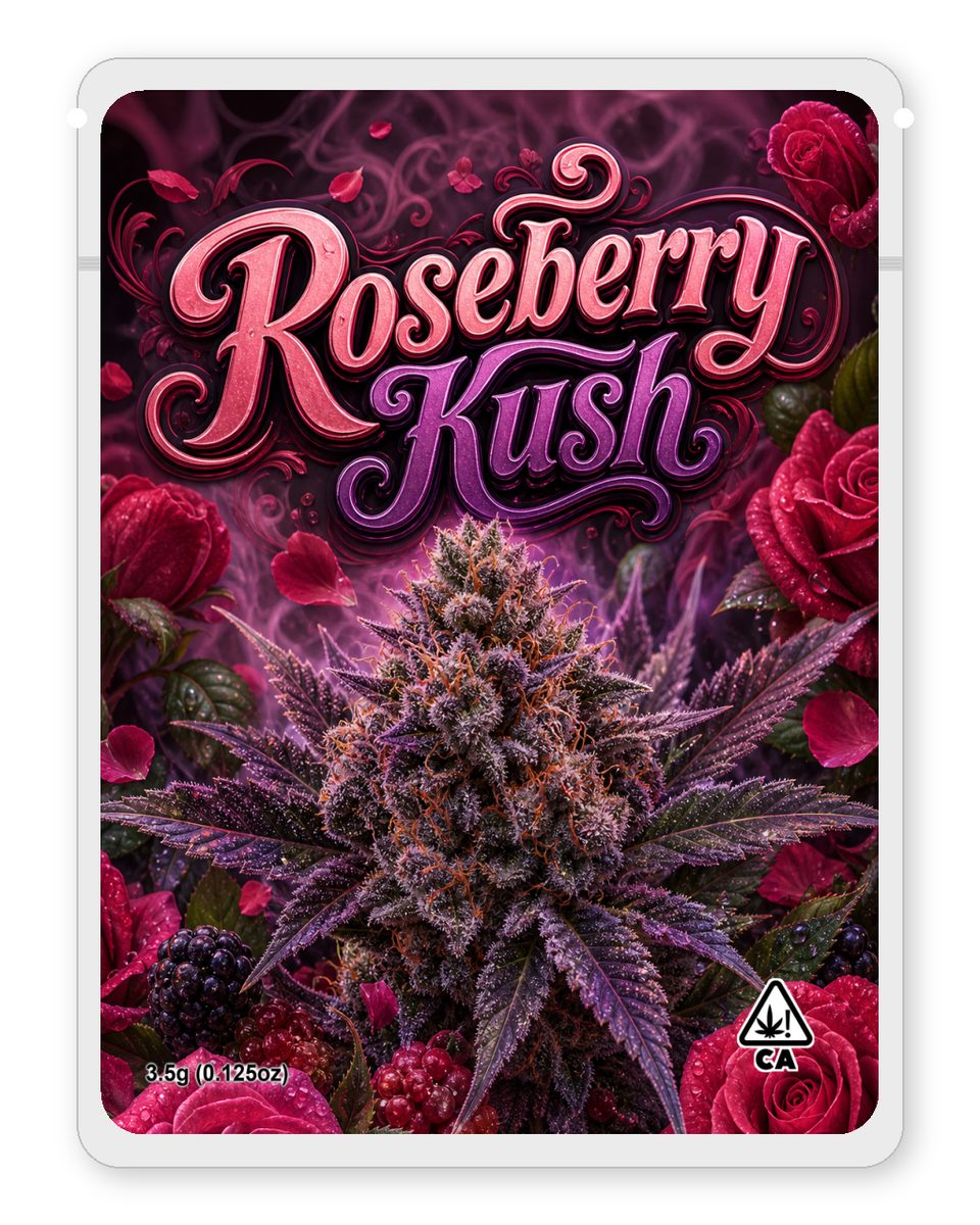 Roseberry Kush custom 4"x5" mylar bag design (front)