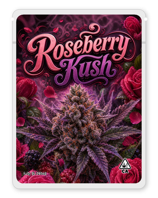 Roseberry Kush custom 4"x5" mylar bag design (front)