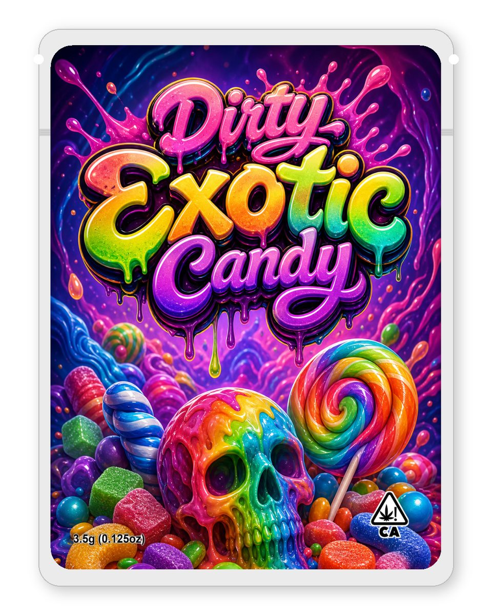Dirty Exotic Candy custom 4"x5" mylar bag design (front)