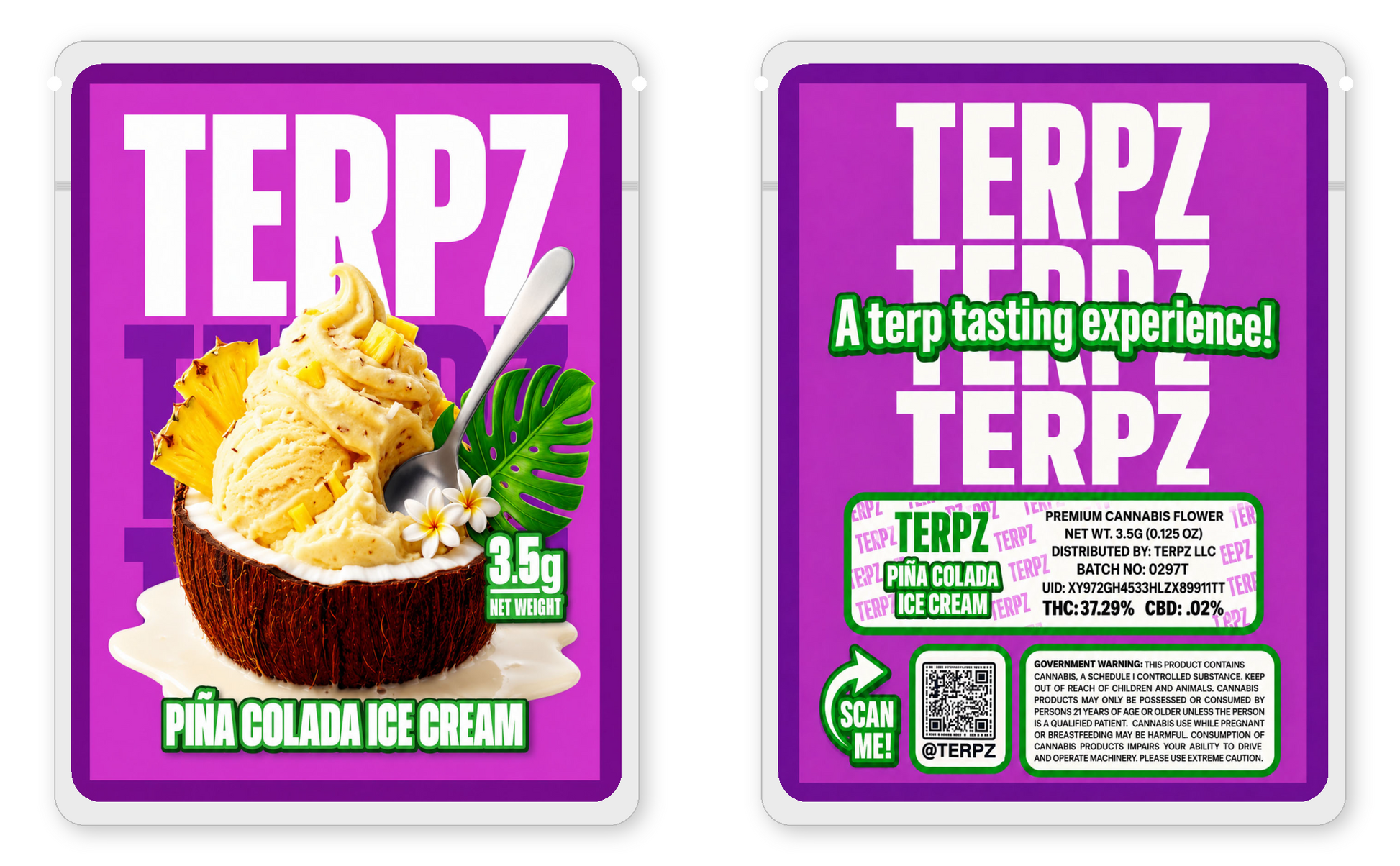 Piña Colada Ice Cream 3.5g mylar bags front and back views — Terpz child-proof sticker mylar bags