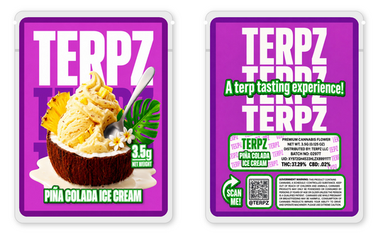Piña Colada Ice Cream 3.5g mylar bags front and back views — Terpz child-proof sticker mylar bags