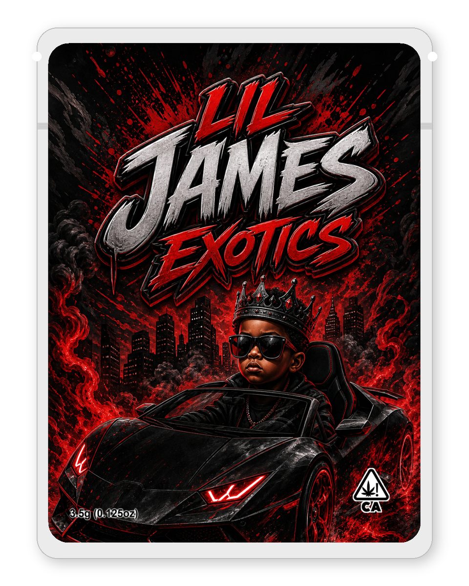 LIL JAMES EXOTICS custom 4"x5" mylar bag design (front)
