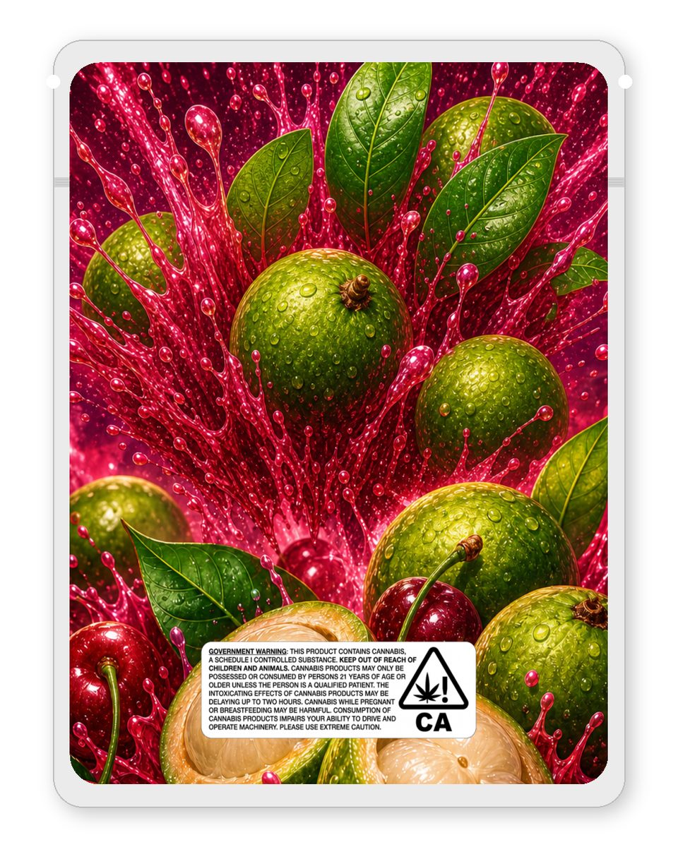Guinep Cherry Blast custom 4"x5" mylar bag design (back)