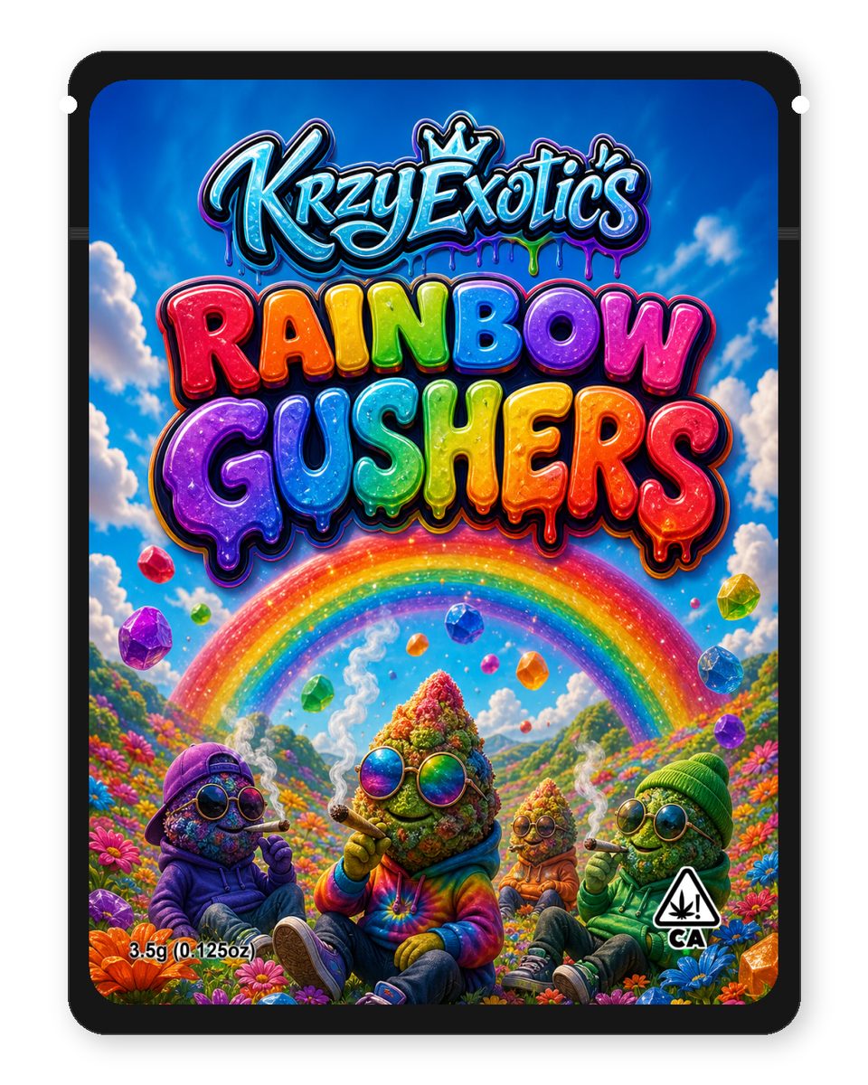 Rainbow Gushers custom 4"x5" mylar bag design (front)