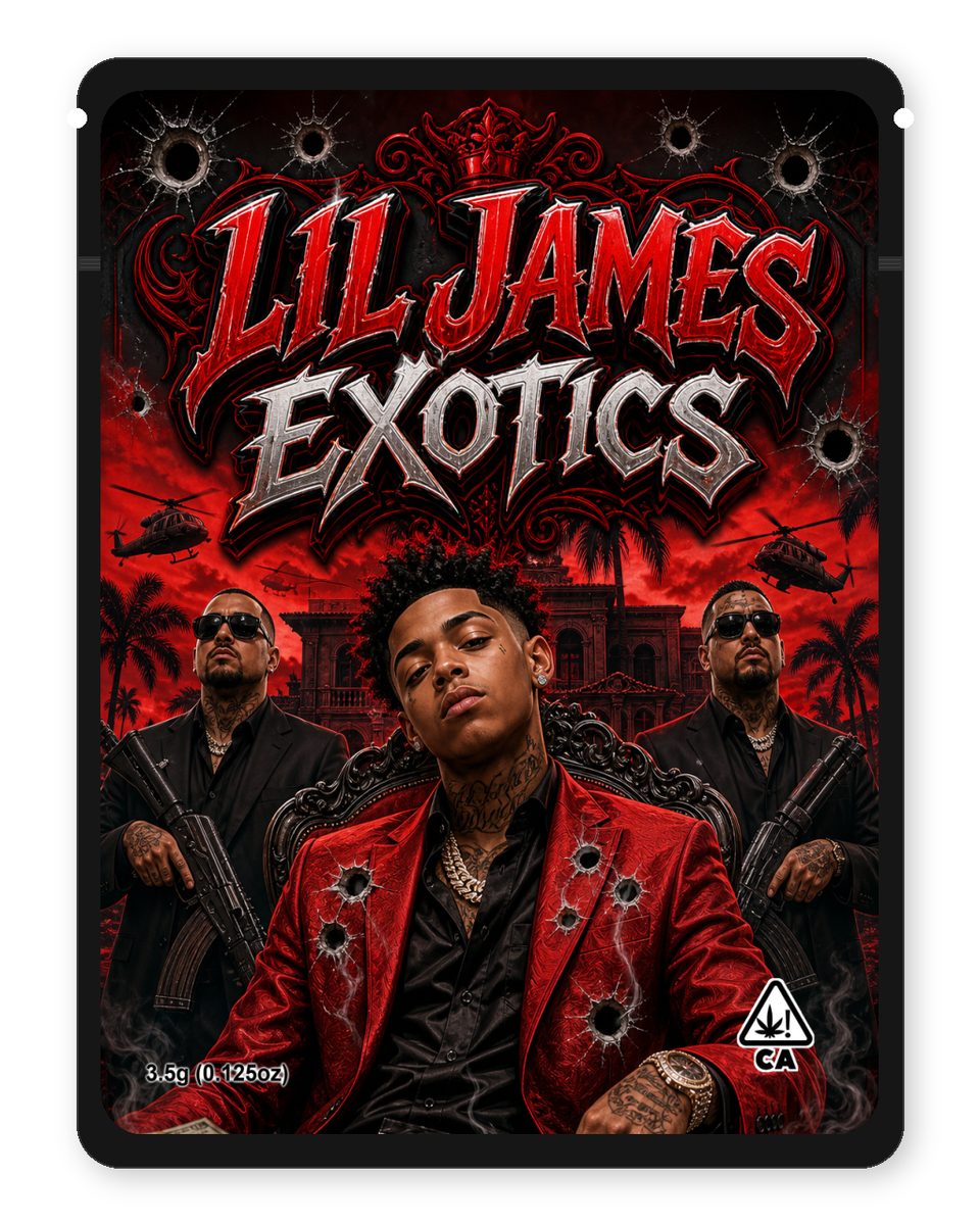 LIL JAMES EXOTICS custom 4"x5" mylar bag design (front)