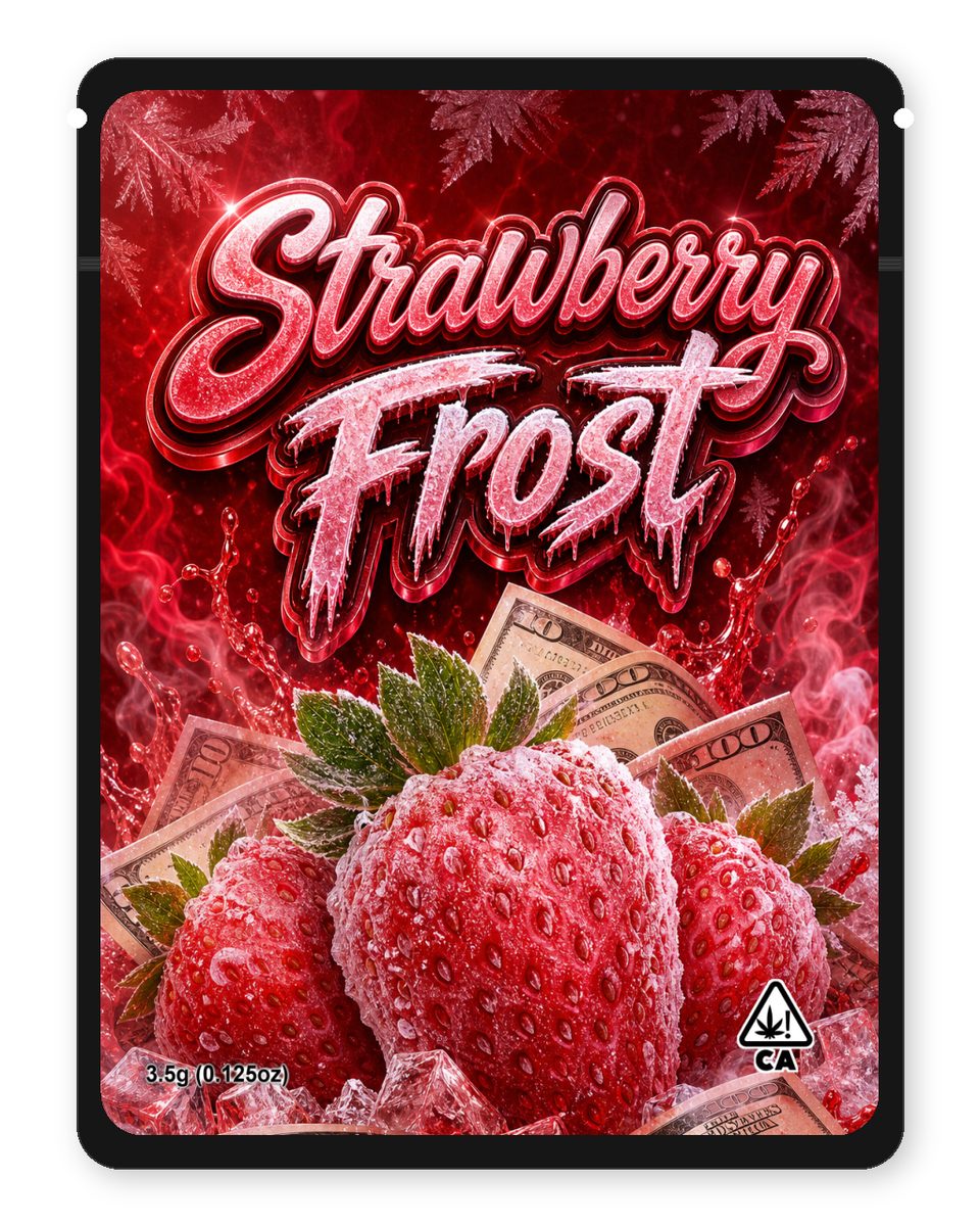 Strawberry Frost custom 4"x5" mylar bag design (front)