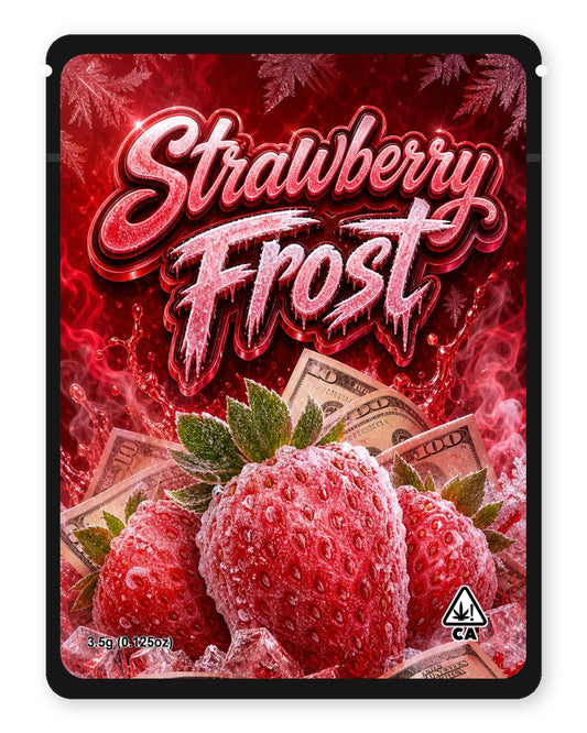 Strawberry Frost custom 4"x5" mylar bag design (front)