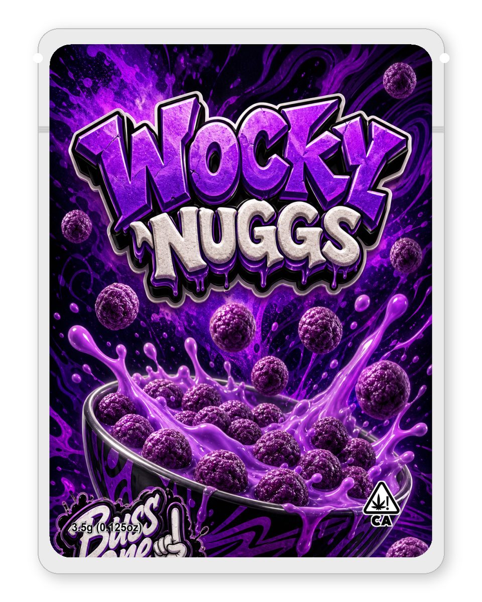 Wocky Nuggs custom 4"x5" mylar bag design (front)