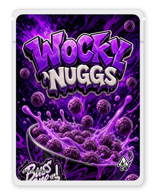 Wocky Nuggs custom 4"x5" mylar bag design (front)