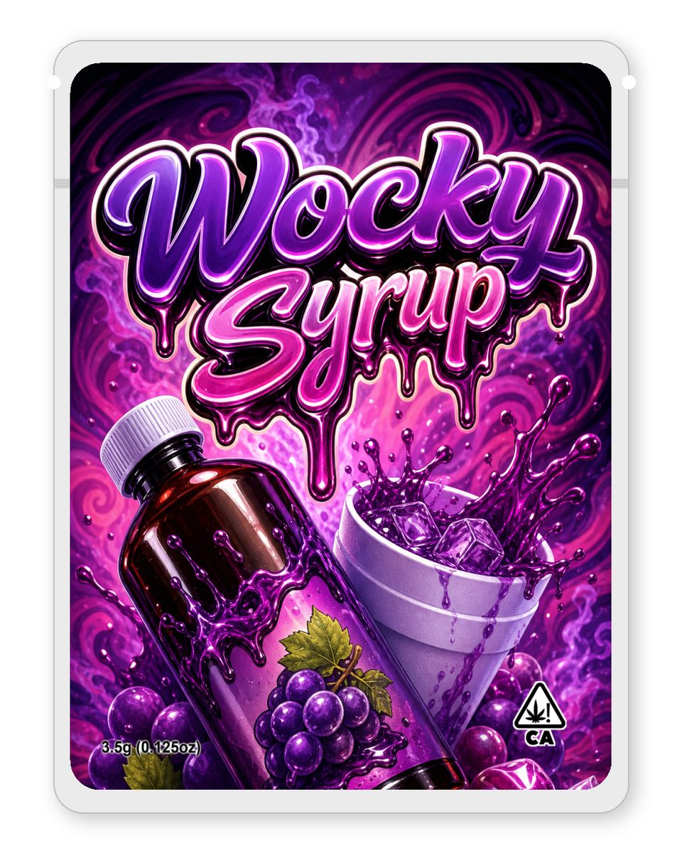Wocky Syrup custom 4"x5" mylar bag design (front)