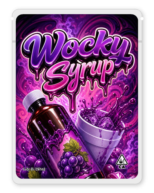 Wocky Syrup custom 4"x5" mylar bag design (front)