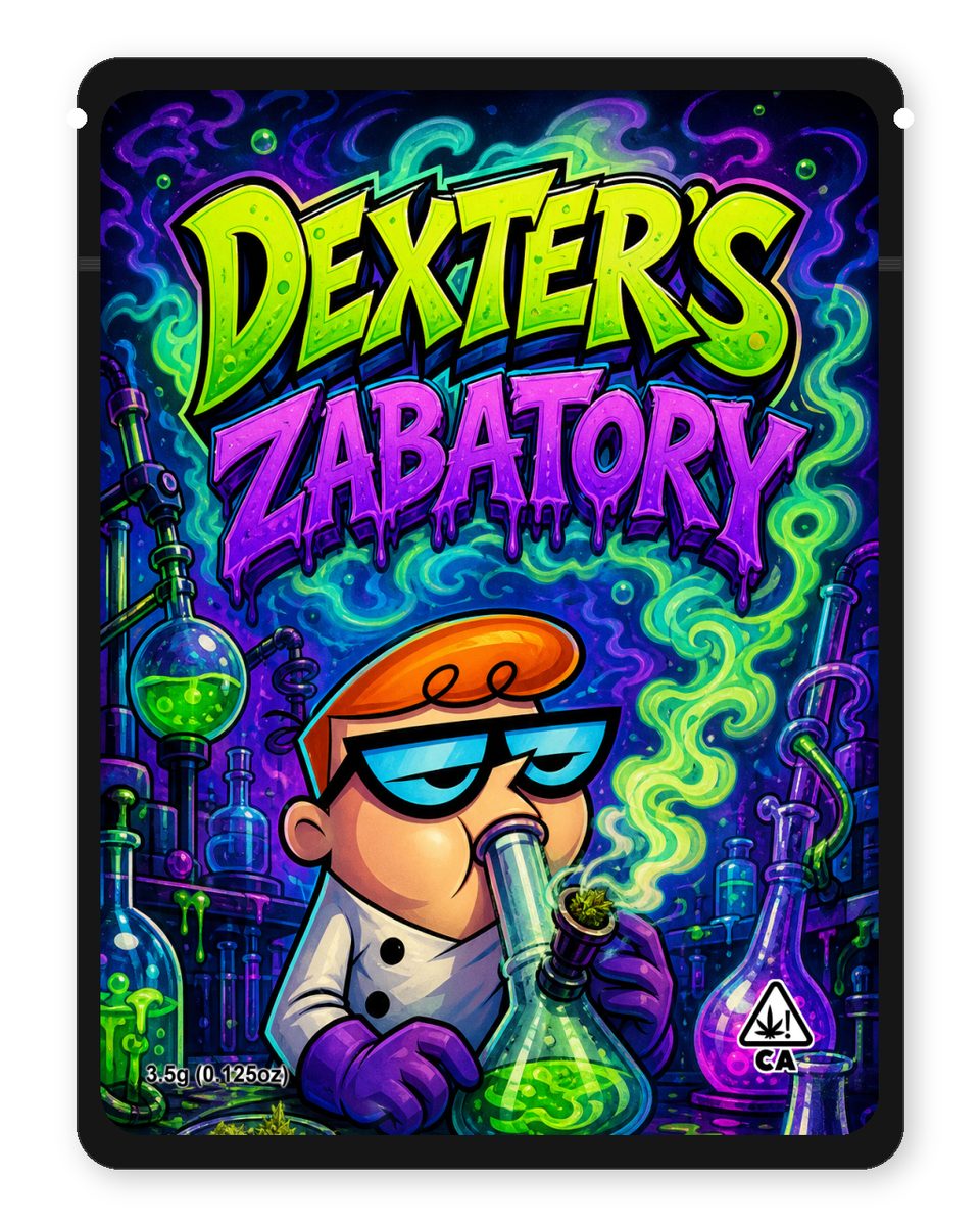 Dexters Zabatory custom 4"x5" mylar bag design (front)