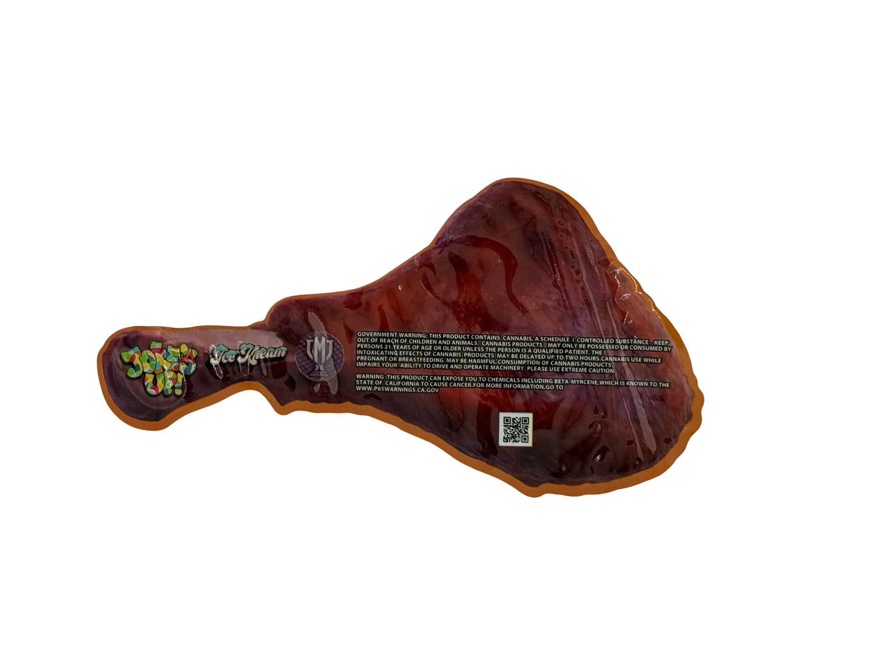 Late Nights Early Mornings 3.5g mylar bag back design — die-cut turkey leg, back panel detail