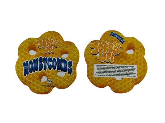 Honeycombs 3.5g mylar bags die-cut honeycomb flower shape with cutout holes, front and back views — Joke's Up cannabis packaging