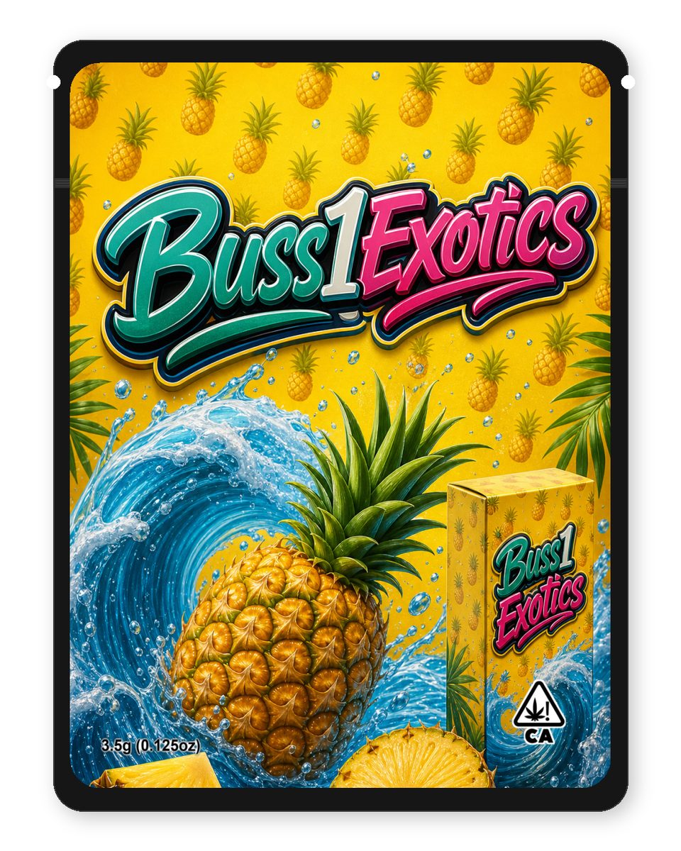 Buss1Exotics custom 4"x5" mylar bag design (front)