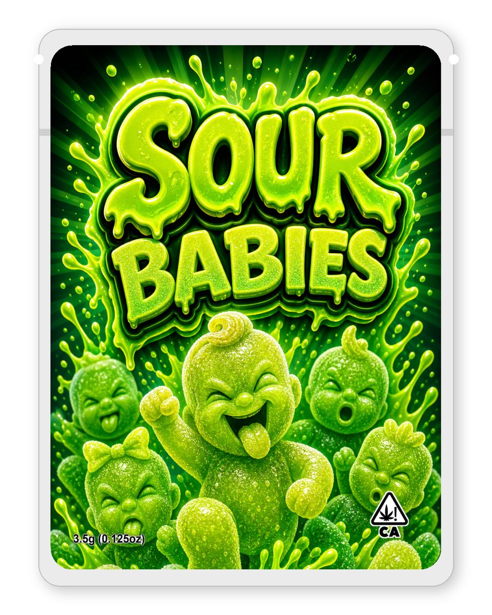 Sour Babies custom 4"x5" mylar bag design (front)